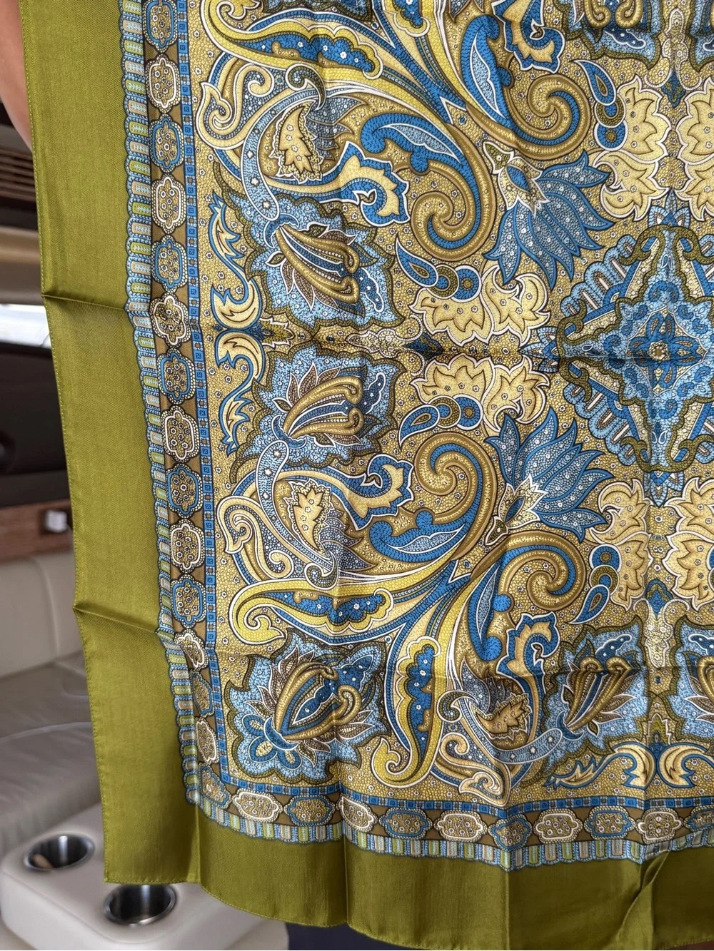 Liberty of London VintaOlive Green Paisley Scarf with Blue and Gold Accents